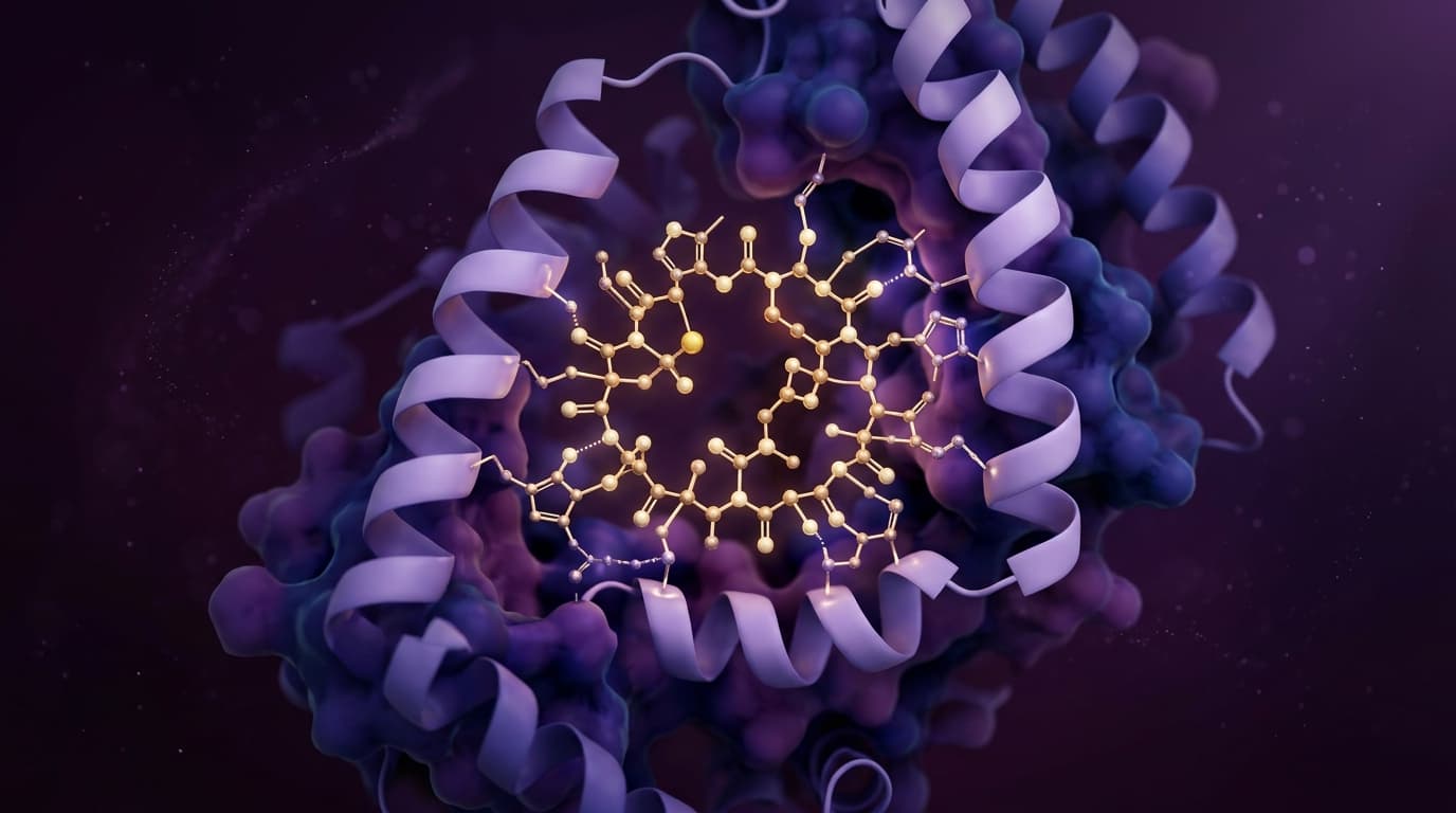 3D Molecular structural representation of macrocyclic peptide therapeutic candidate