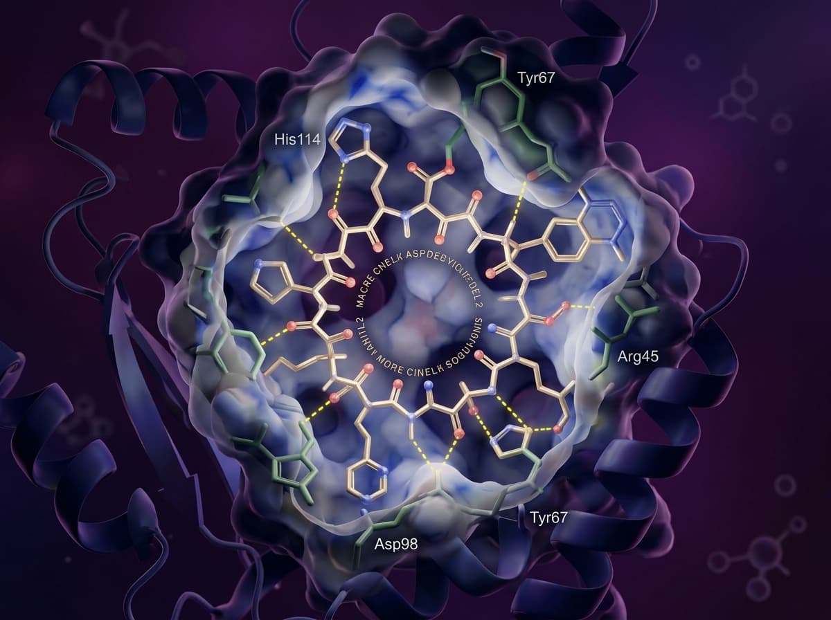3D Molecular structural modeling of macrocyclic peptide binding to target receptor pocket